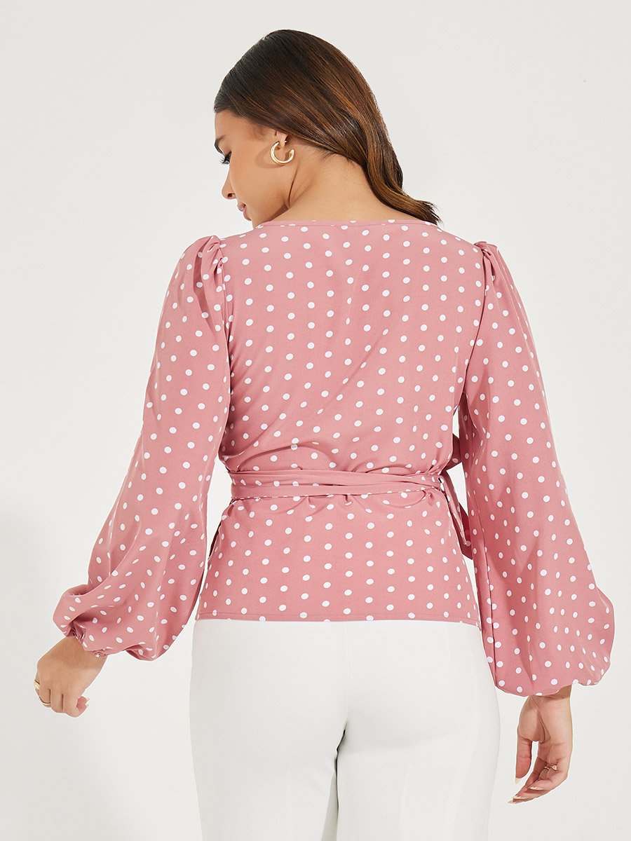 Polka Dot Print Wrap Top with Tie Waist Detail