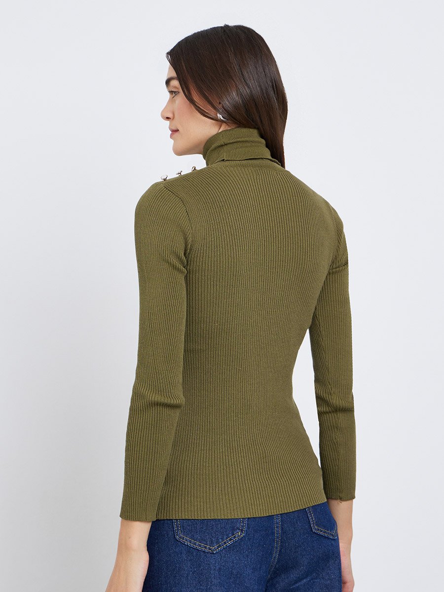 Olive Green Ribbed Turtleneck Sweater