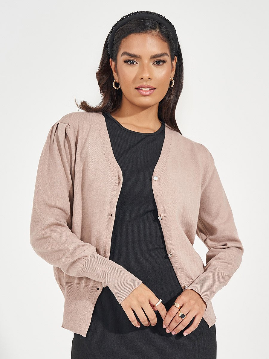 Regular Fit Buttoned Cardigan with Volume Sleeves