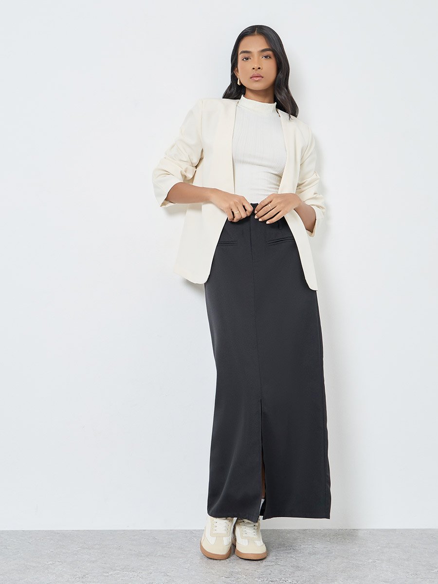 Black Solid Maxi Skirt with Front Slit