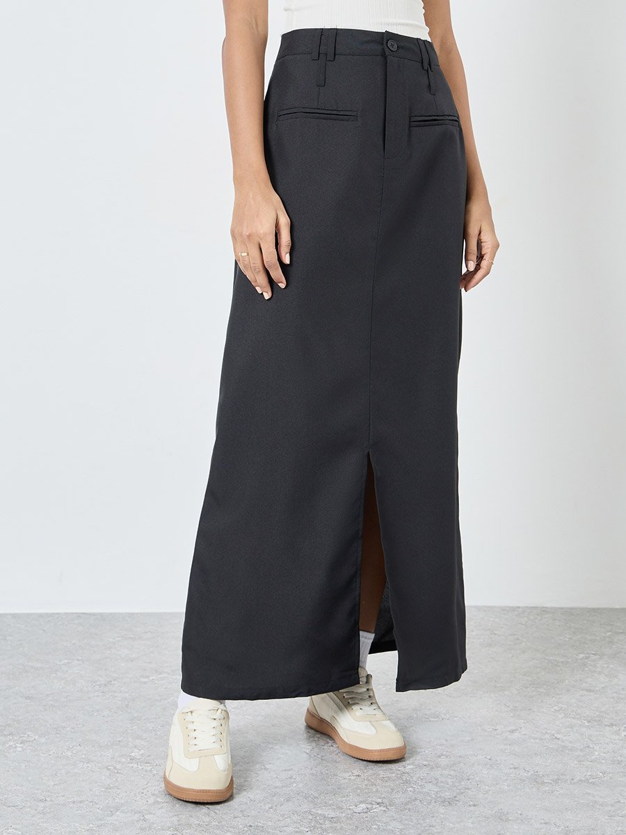 Black Solid Maxi Skirt with Front Slit
