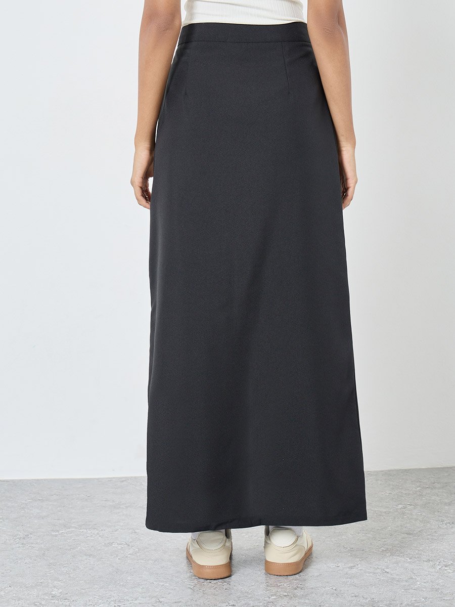 Black Solid Maxi Skirt with Front Slit