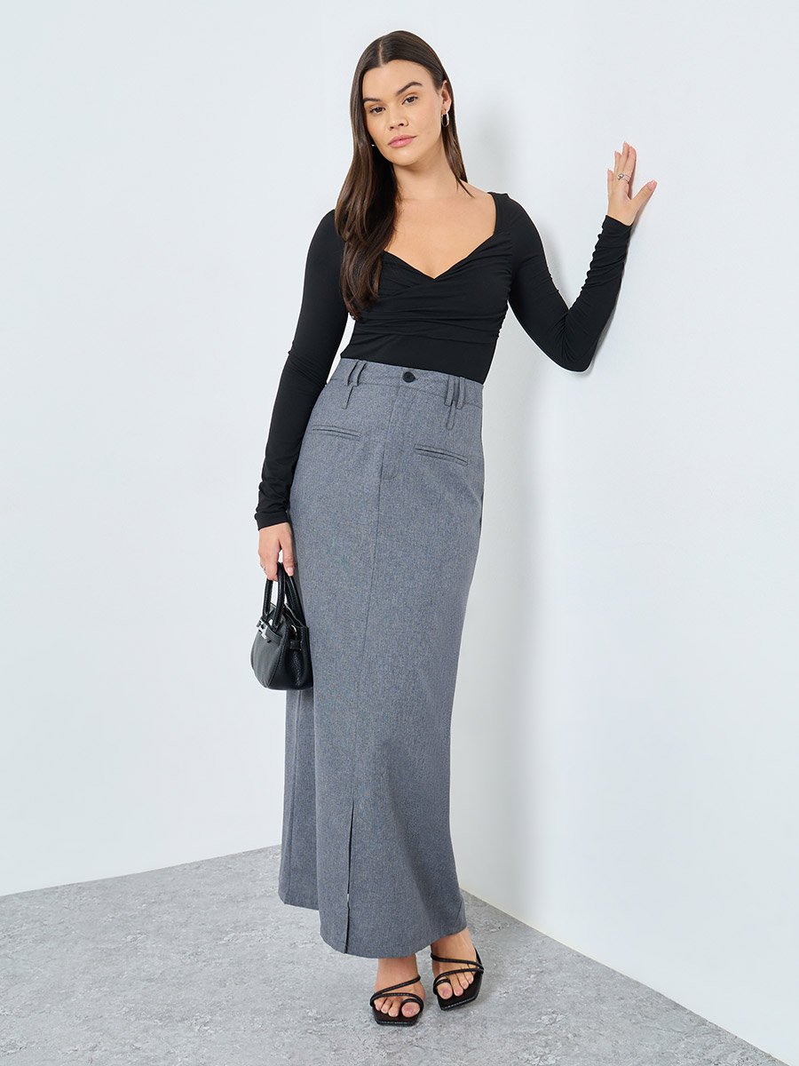 Grey Solid Maxi Skirt with Front Slit