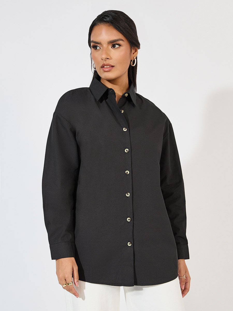Oversized Longline Shirt with Slogan Back Print