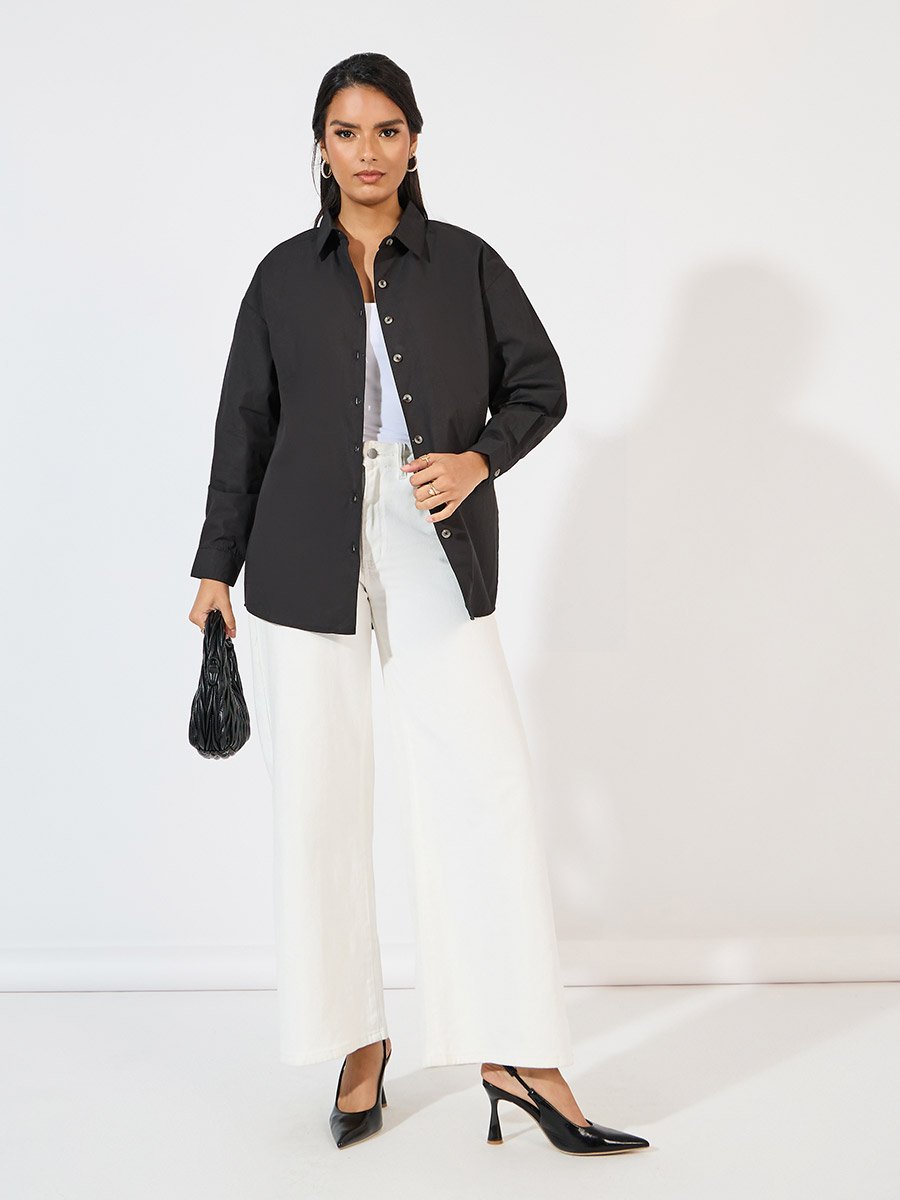 Oversized Longline Shirt with Slogan Back Print