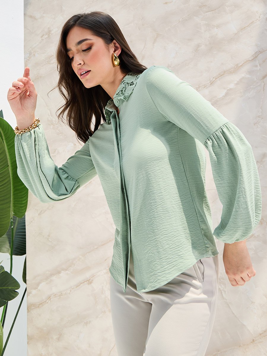 Lace Collar Relaxed Shirt with Concealed Placket