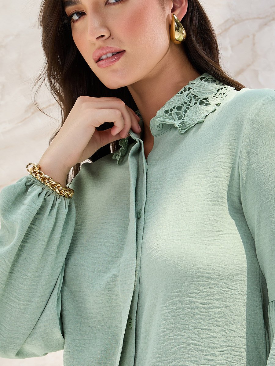 Lace Collar Relaxed Shirt with Concealed Placket