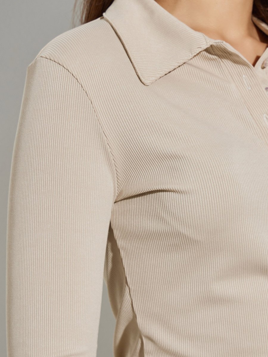 Rib Fitted Polo T-Shirt with Button Placket