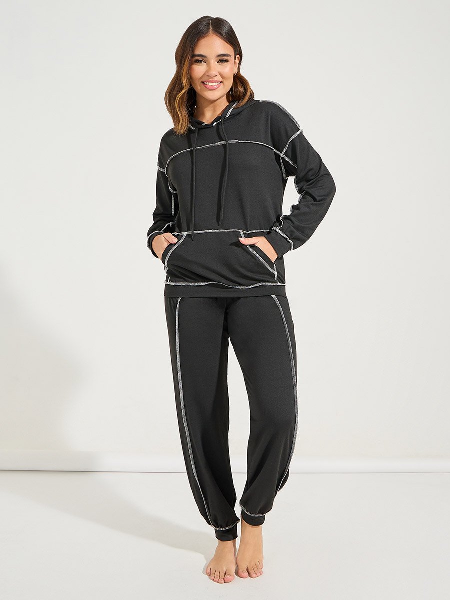 Contrast Stitch Kangaroo Pocket Hoodie and Jogger Lounge Set