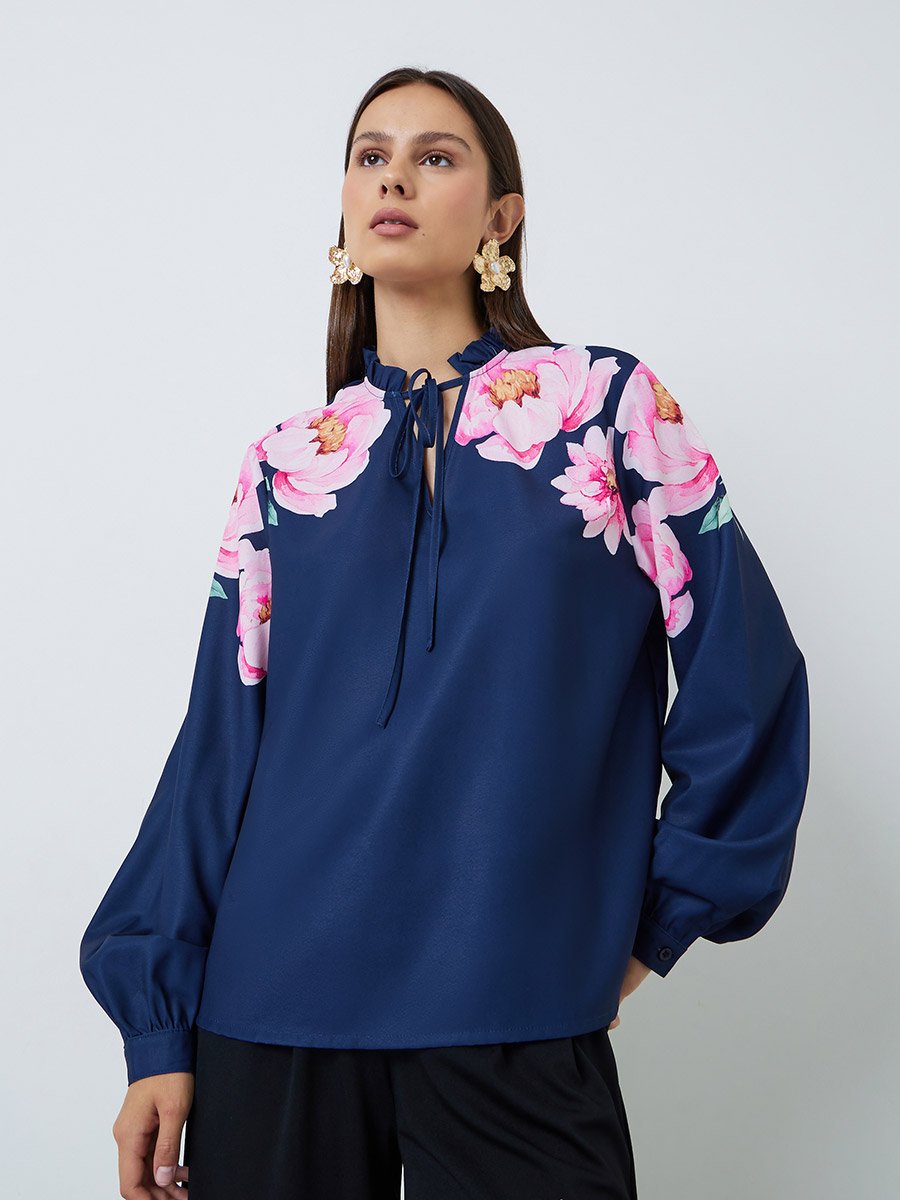 Navy Floral Placement Print Tie-Up Neck Blouse