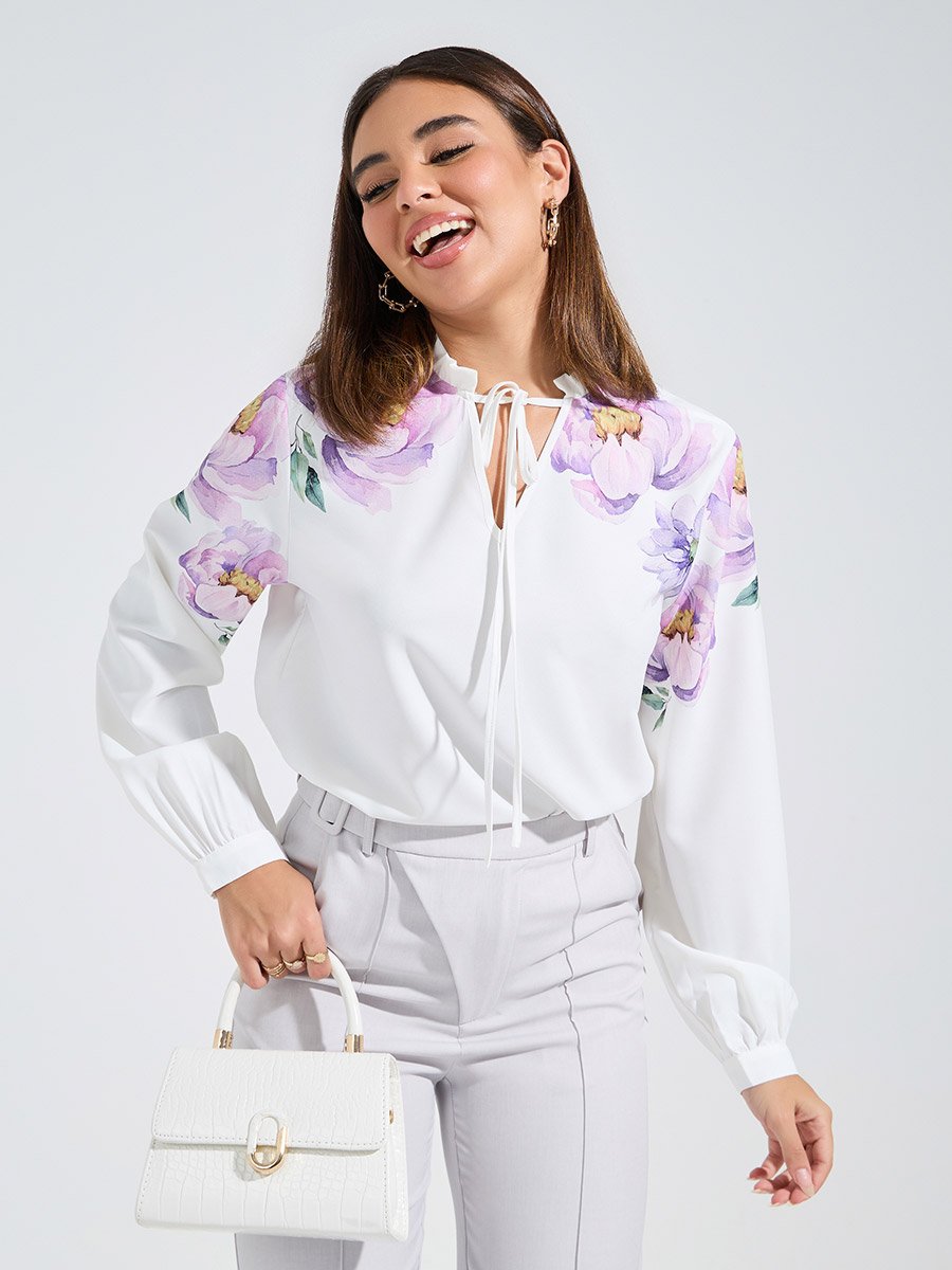 White Floral Placement Print Tie-Up Neck Blouse