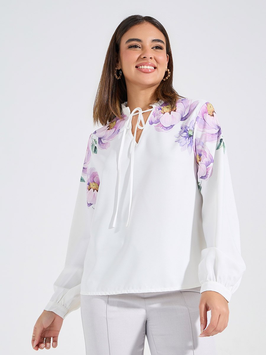 White Floral Placement Print Tie-Up Neck Blouse