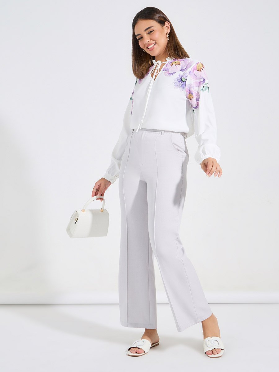 White Floral Placement Print Tie-Up Neck Blouse