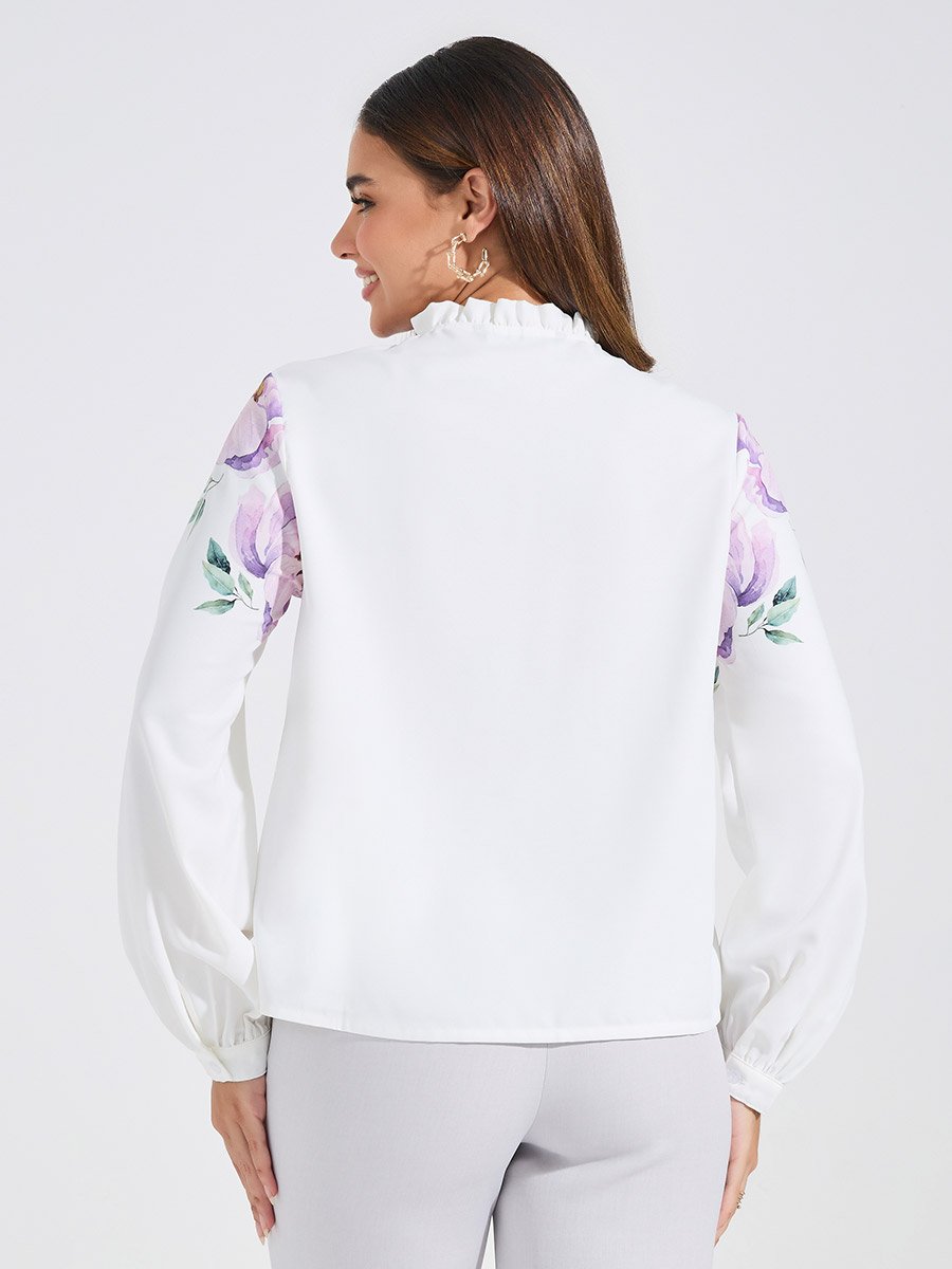 White Floral Placement Print Tie-Up Neck Blouse