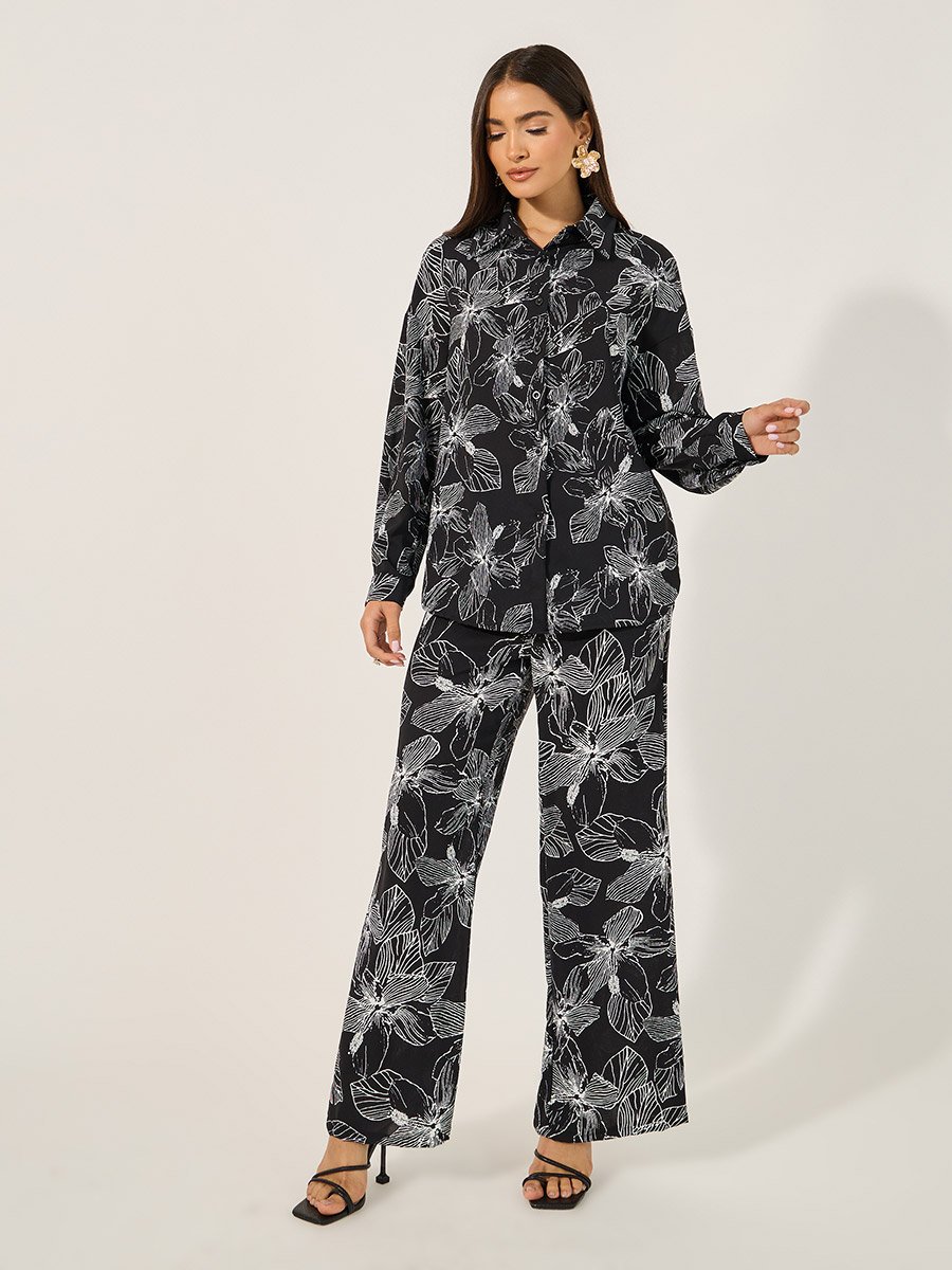 Floral Print Oversized Shirt and Wide Leg Pants Co-Ords