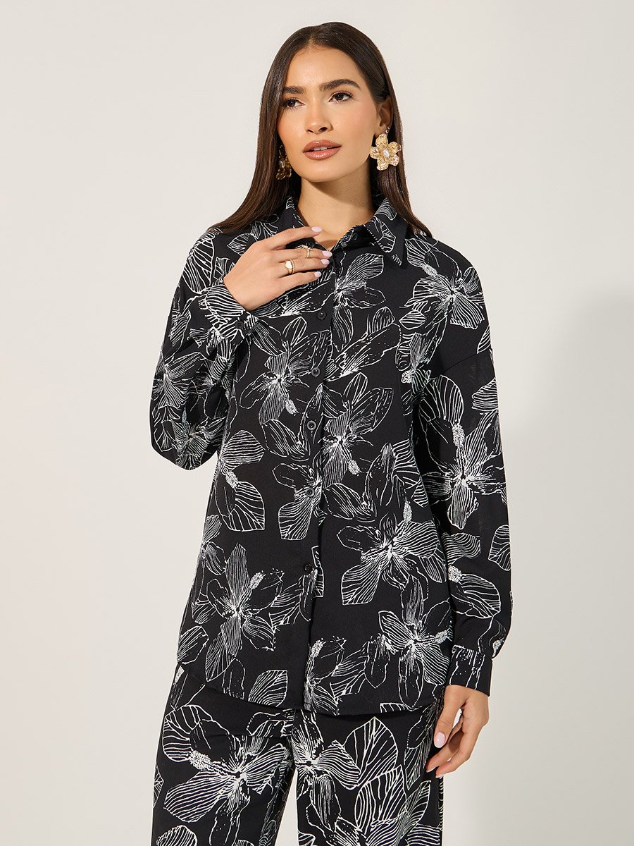 Floral Print Oversized Shirt and Wide Leg Pants Co-Ords