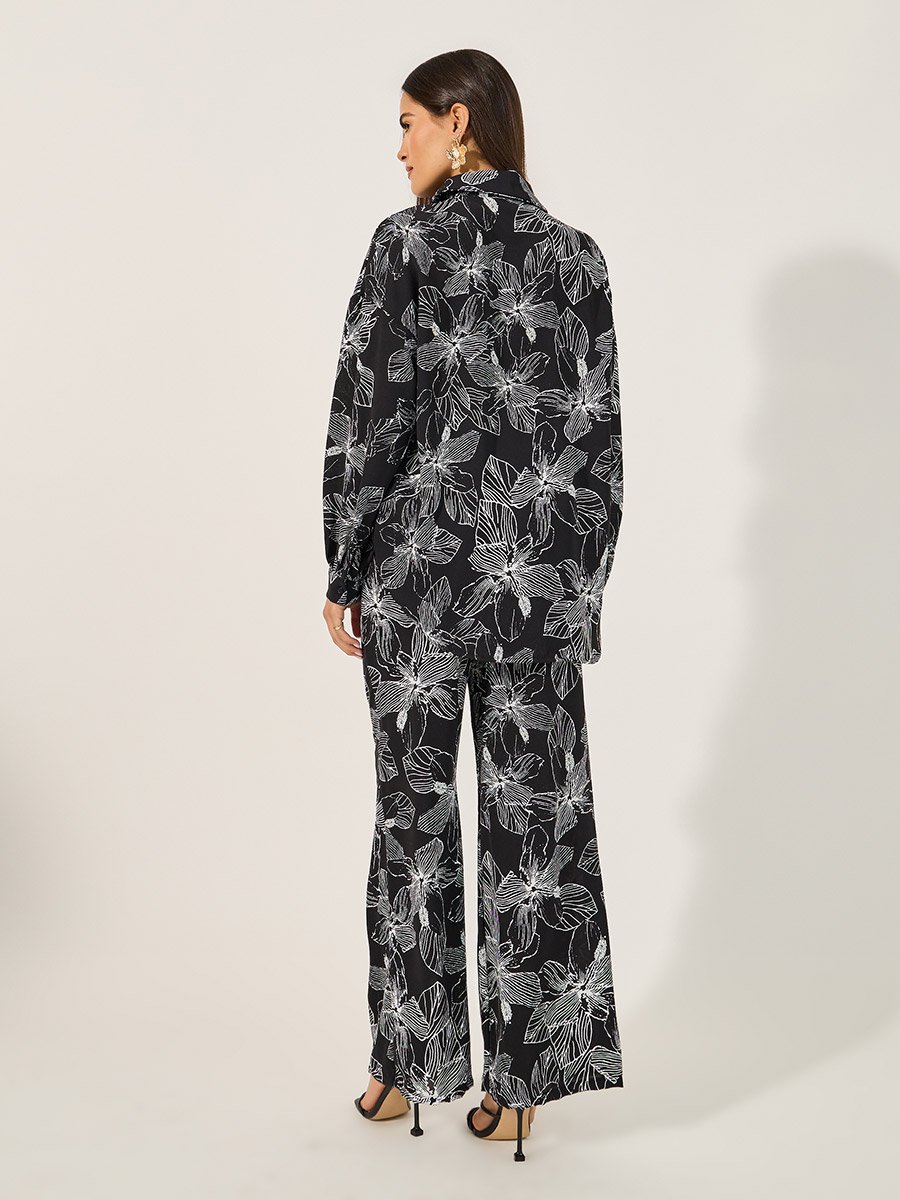 Floral Print Oversized Shirt and Wide Leg Pants Co-Ords