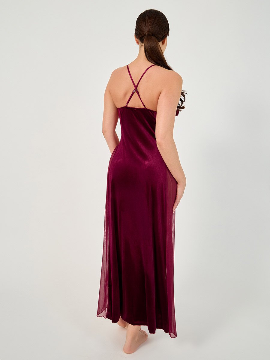 Ruffle Edge Apex Strap Bow Detail Velvet and Mesh Front Slit Maxi Babydoll