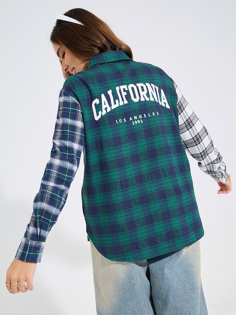 Contrast Checked Oversized Shirt with Back Print