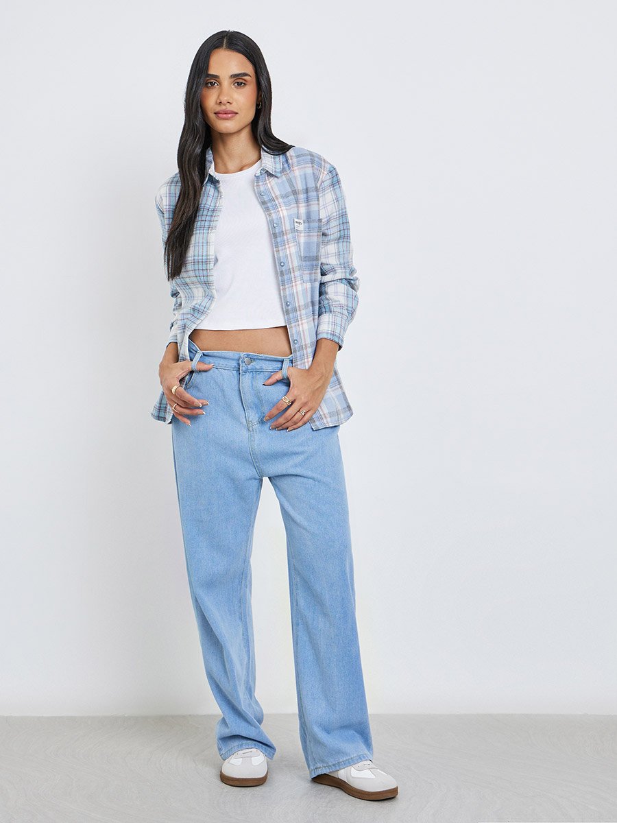Contrast Checked Print Oversized Shirt