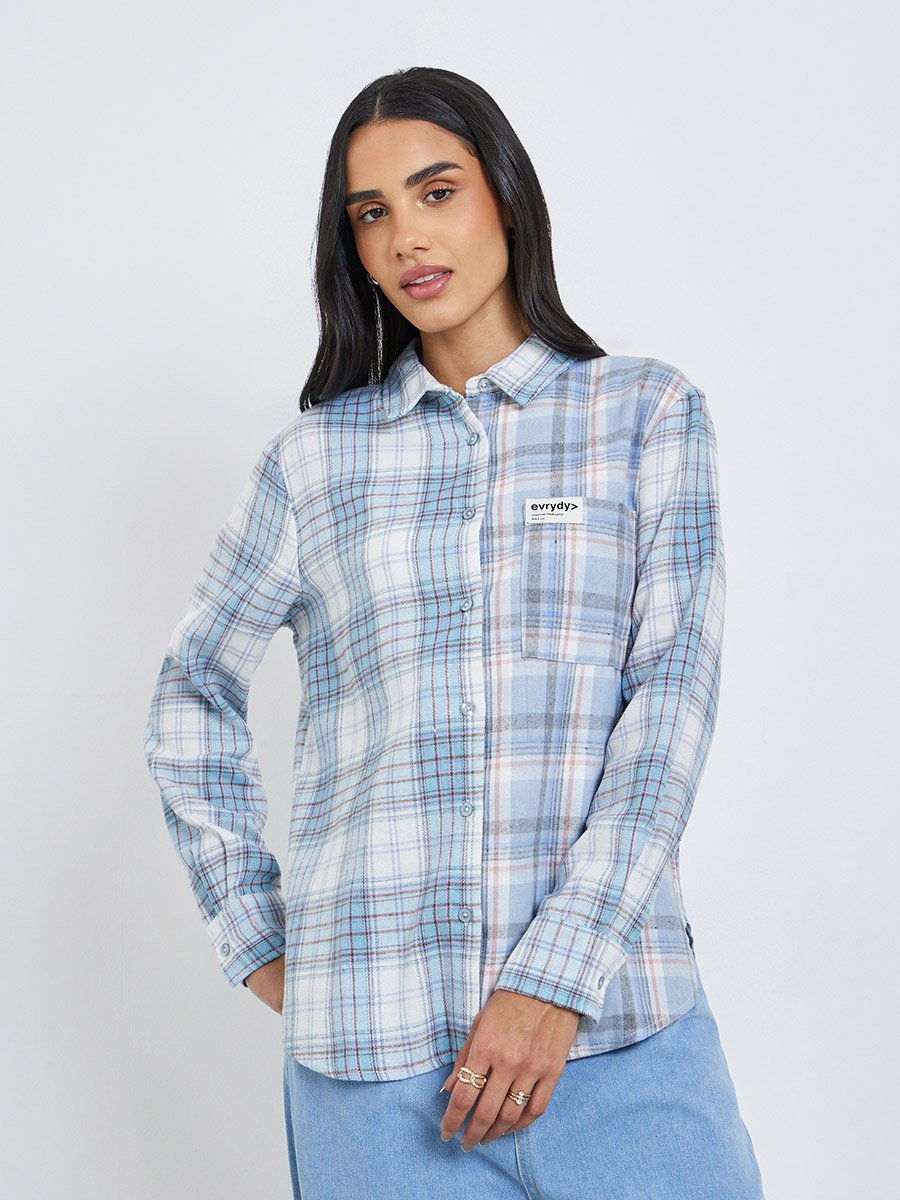 Contrast Checked Print Oversized Shirt