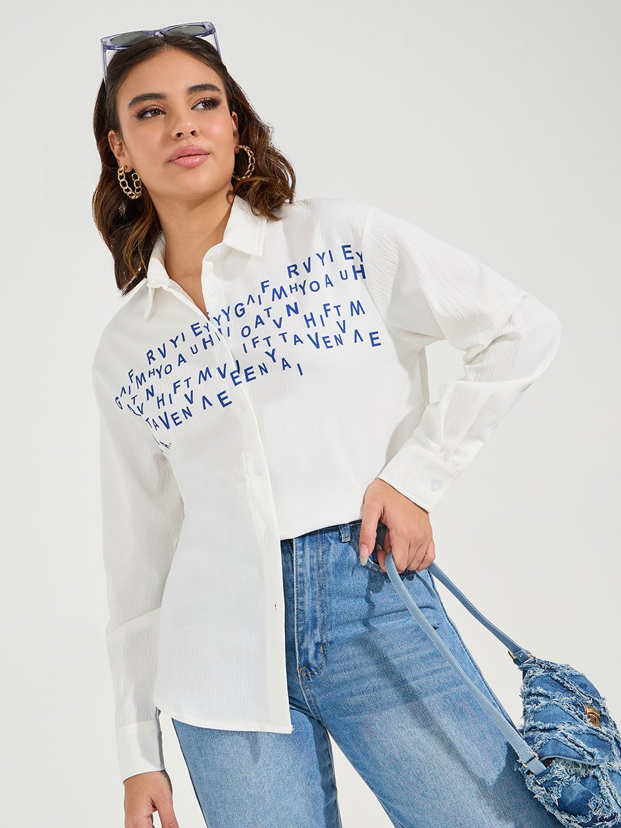 Slogan Print Buttoned Oversized Shirt