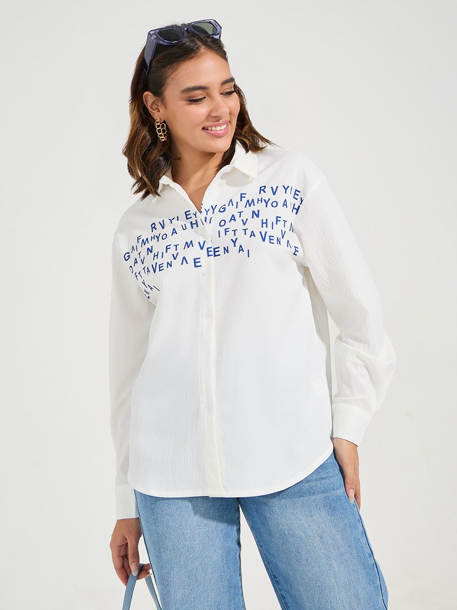 Slogan Print Buttoned Oversized Shirt