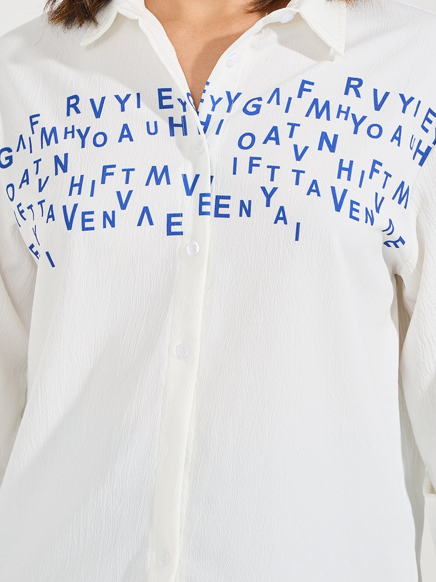 Slogan Print Buttoned Oversized Shirt
