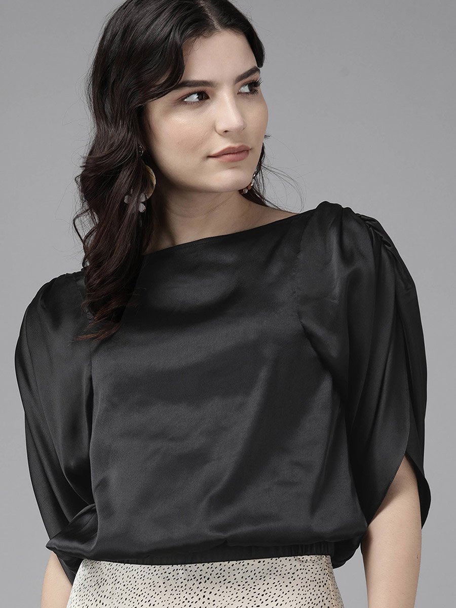 Satin Boat Neck Top with Slit Sleeves