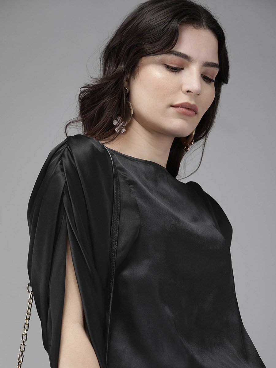 Satin Boat Neck Top with Slit Sleeves