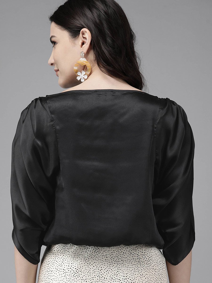 Satin Boat Neck Top with Slit Sleeves