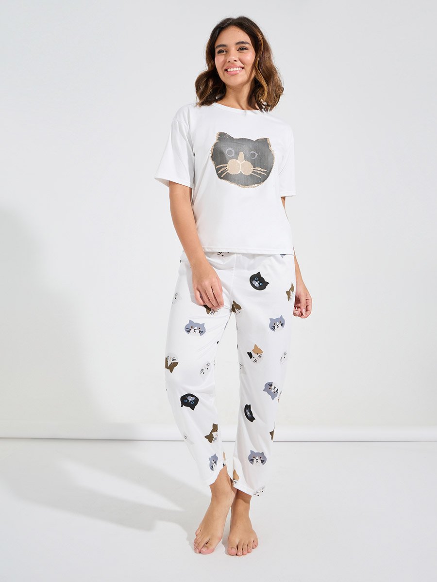 Cat Print T-Shirt and Pyjama Set