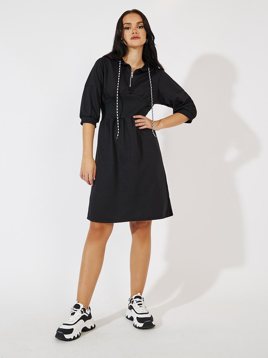 Plain Hooded T-Shirt Knee Length Dress with Half Zip For Women at