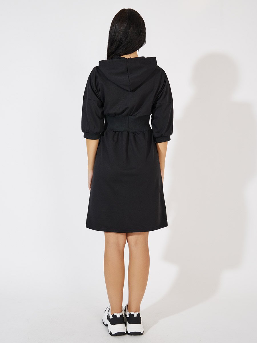 Plain Hooded T-Shirt Knee Length Dress with Half Zip For Women at