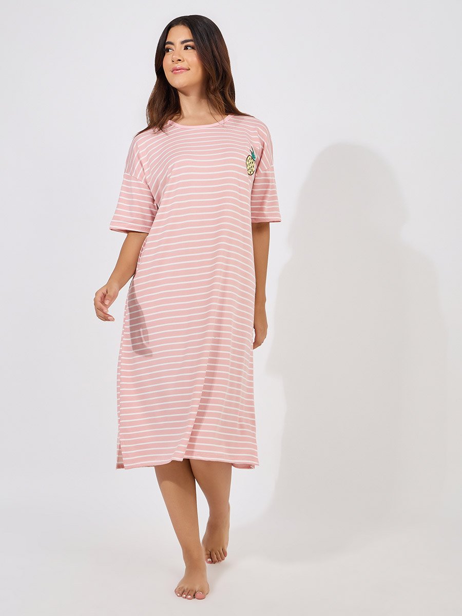 Pineapple Patch Detail Striped Sleep T-Shirt Dress