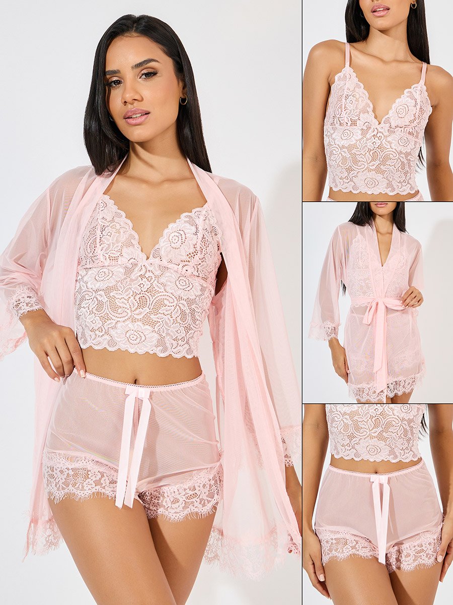 Pack of 3 - Lace Bralette- Mesh Shorts and Robe