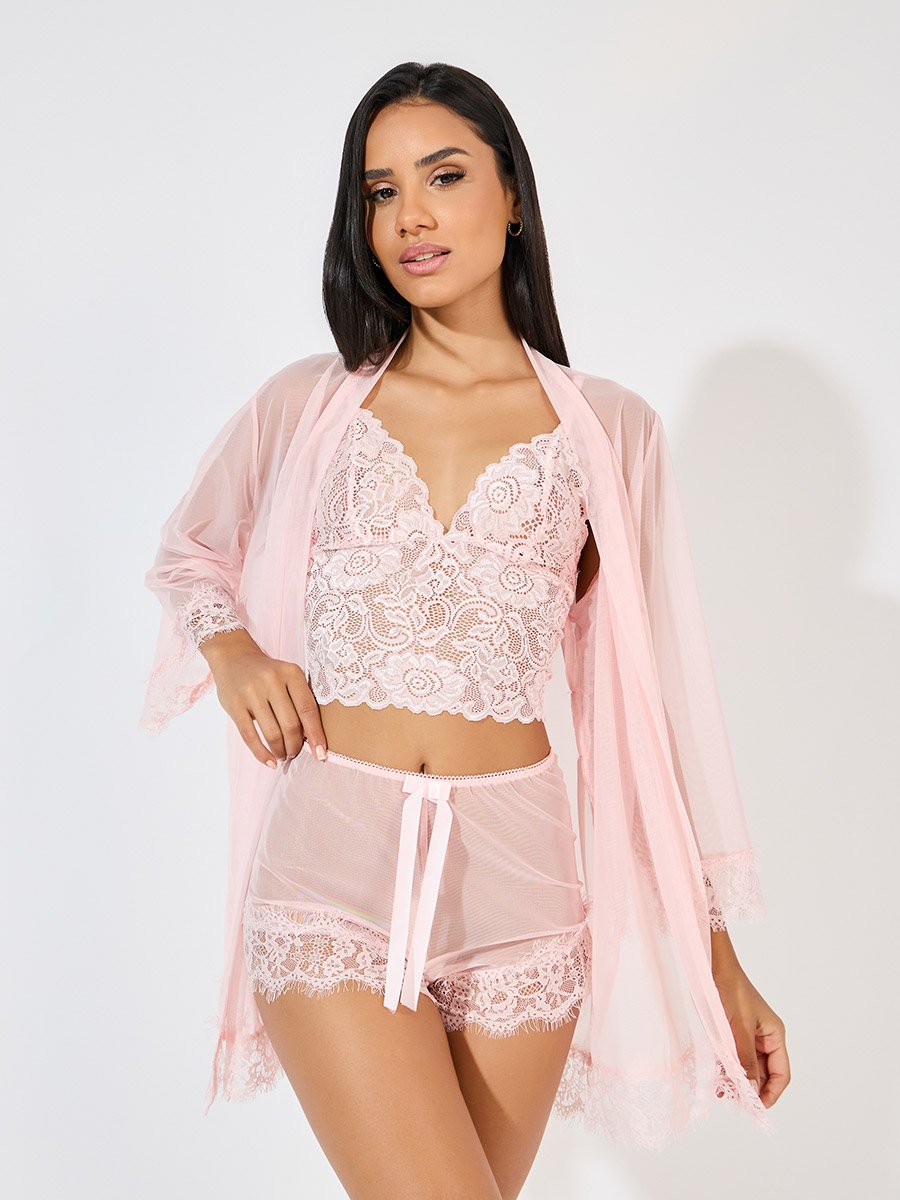 Pack of 3 - Lace Bralette- Mesh Shorts and Robe