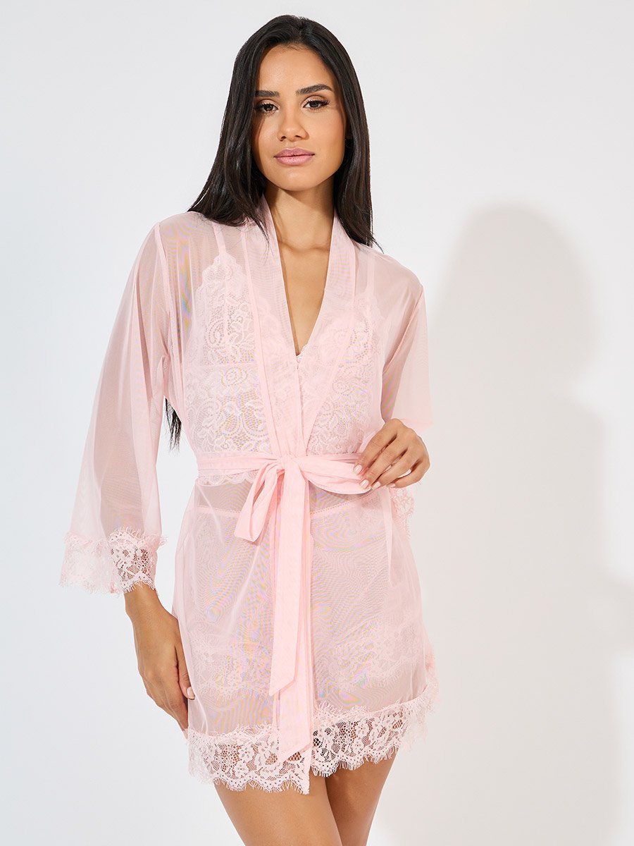 Pack of 3 - Lace Bralette- Mesh Shorts and Robe