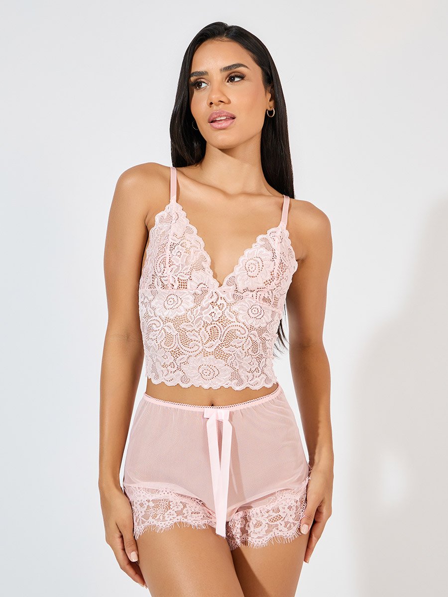 Pack of 3 - Lace Bralette- Mesh Shorts and Robe