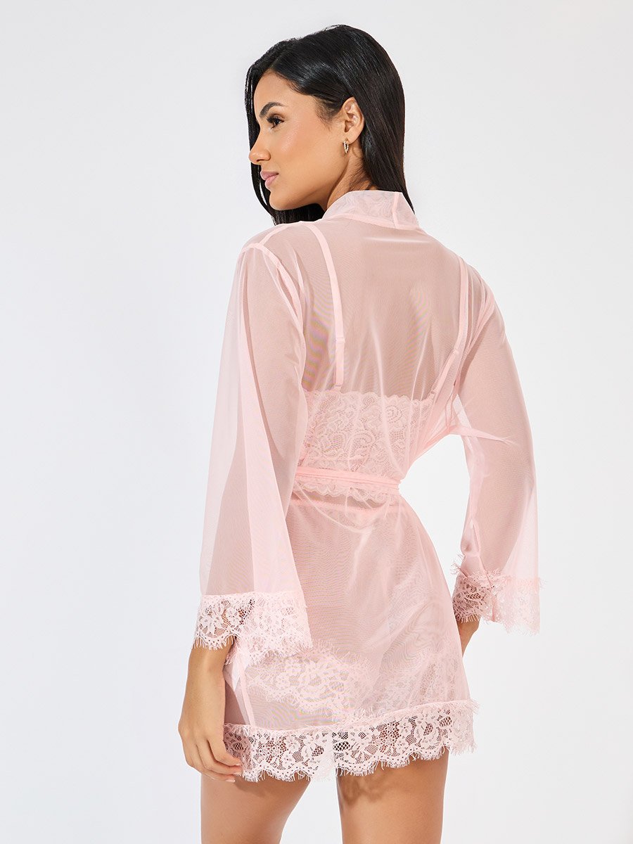 Pack of 3 - Lace Bralette- Mesh Shorts and Robe