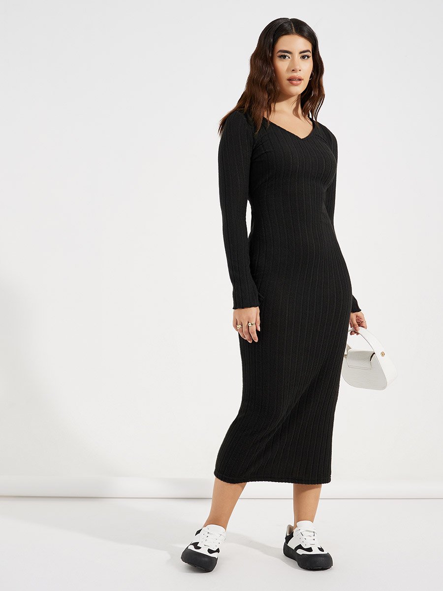 V Neck Basic Rib Bodycon Midi Dress