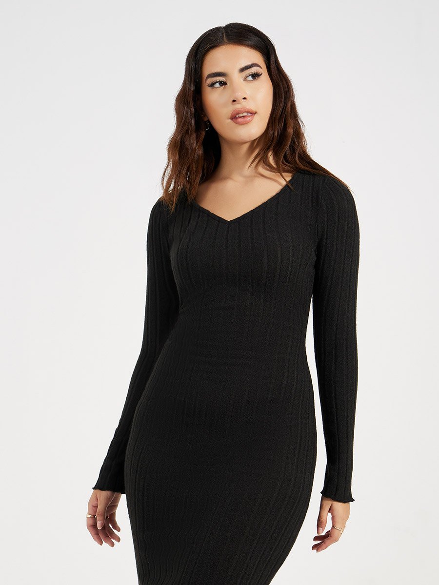 V Neck Basic Rib Bodycon Midi Dress