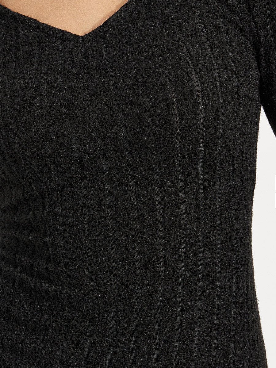 V Neck Basic Rib Bodycon Midi Dress