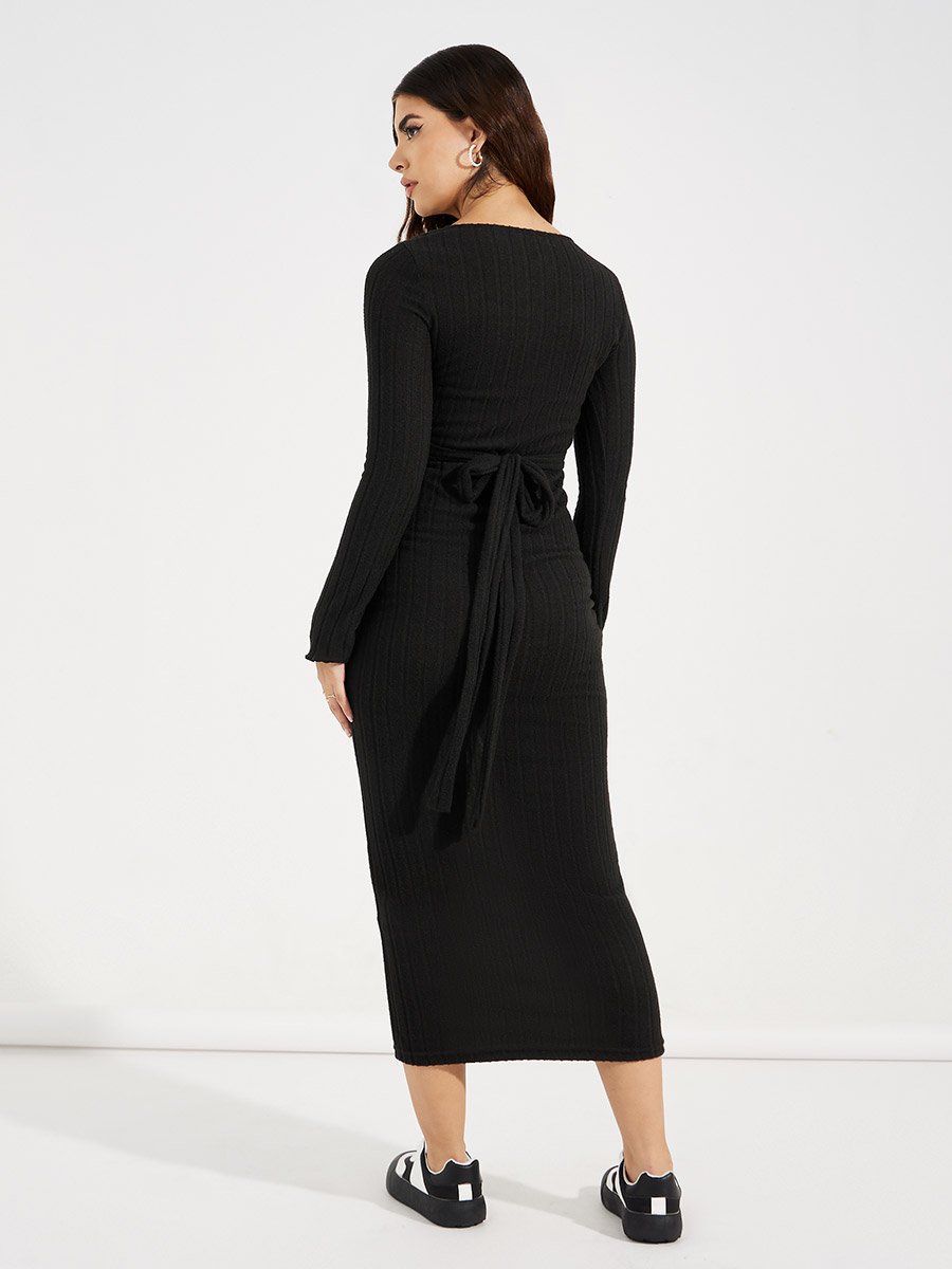 V Neck Basic Rib Bodycon Midi Dress