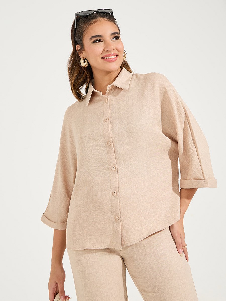 Solid Relaxed Fit Shirt with Turn-Up Sleeves