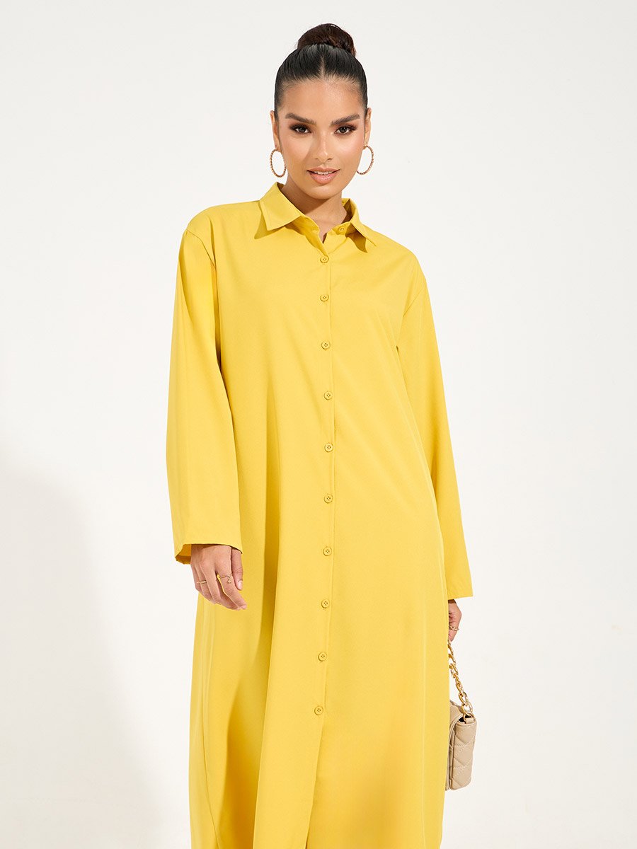 knee length dresses for ladies Yellow Solid Stitch Button Front Midi Dress Large