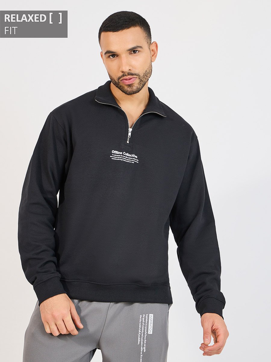 Quarter Zip Minimal Print High Neck Rib Relaxed Sweatshirt