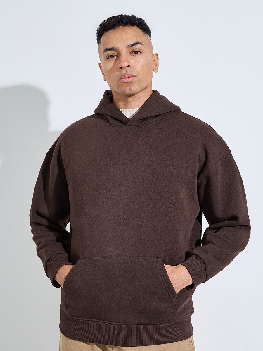 Brown Back Text Print Oversized Heavyweight Hoodie
