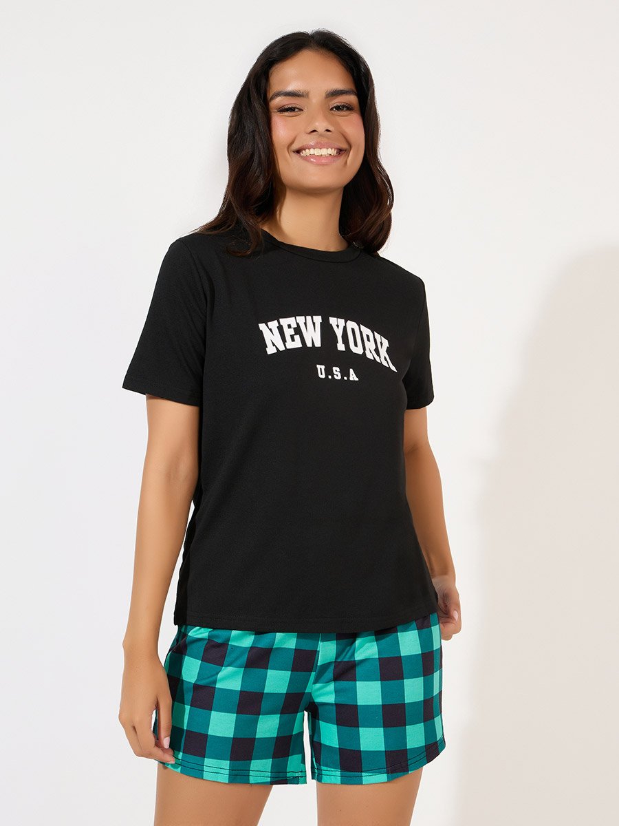 NY Print T-Shirt and Check Shorts Set