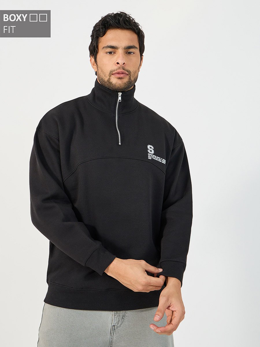 Quarter Zip Chest Print High Neck Boxy Fit Heavy Sweatshirt